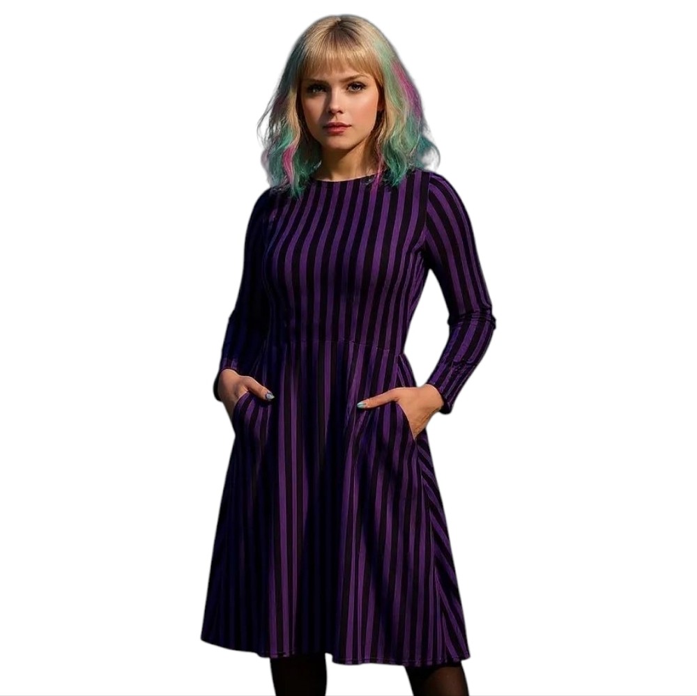 Goth Striped Pocket Flare Long Sleeve Dress